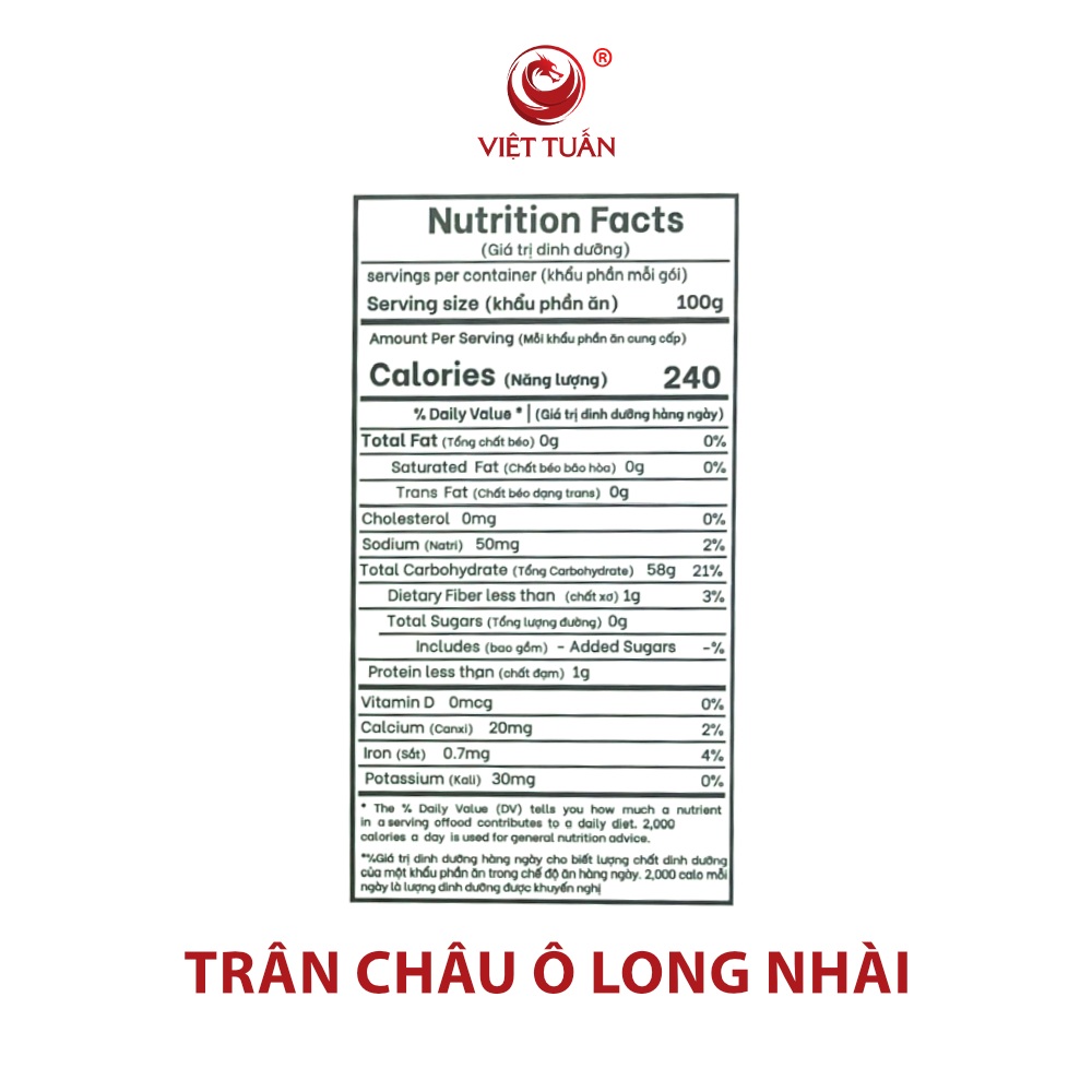 Trân châu ô long nhài - Bảng dinh dưỡng
