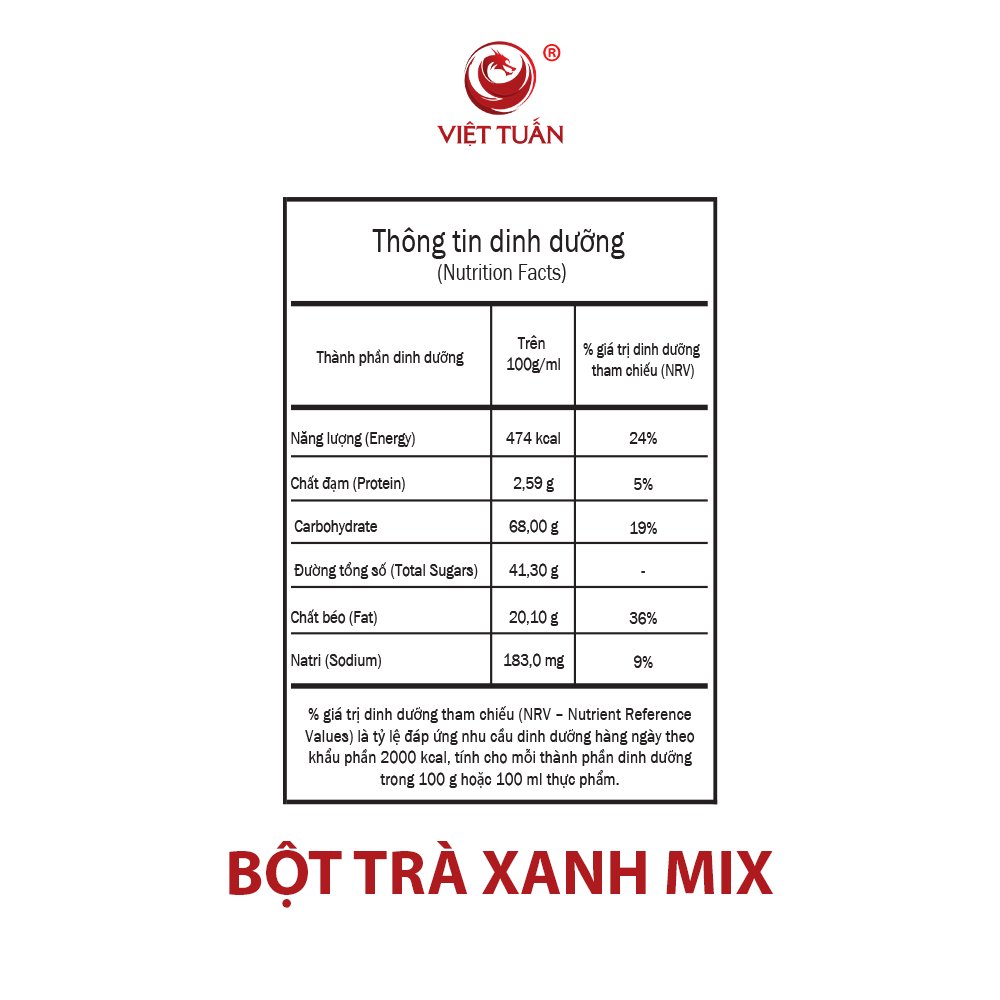 2 Bột Trà xanh mix bdd Bột trà xanh mix - Bảng dinh dưỡng