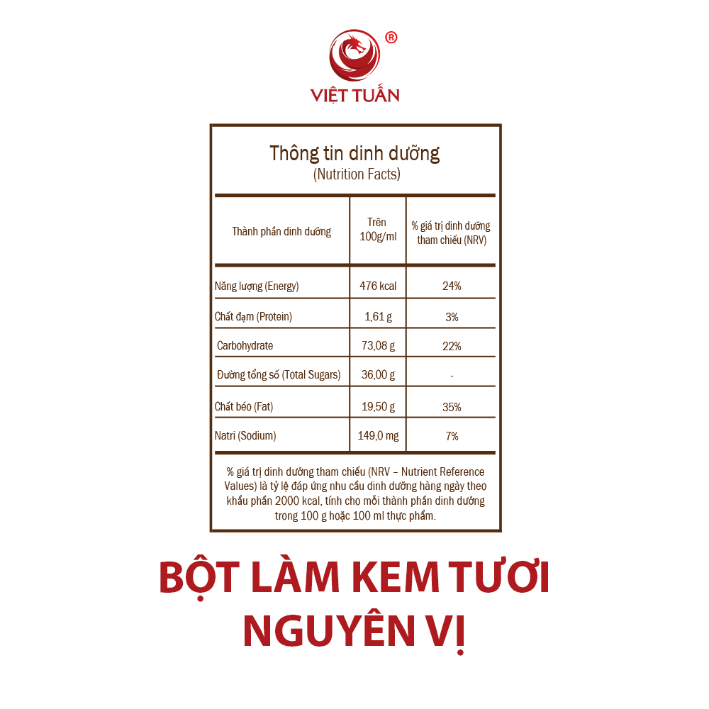 1 Bột kem tươi nguyên vị bdd Bột làm kem tươi nguyên vị - Bảng dinh dưỡng