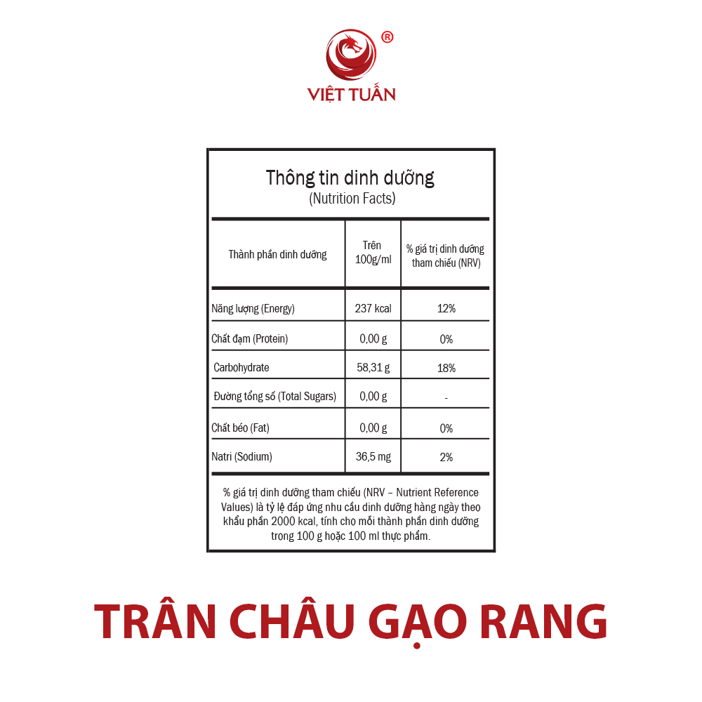 Trân châu gạo rang - Bảng dinh dưỡng