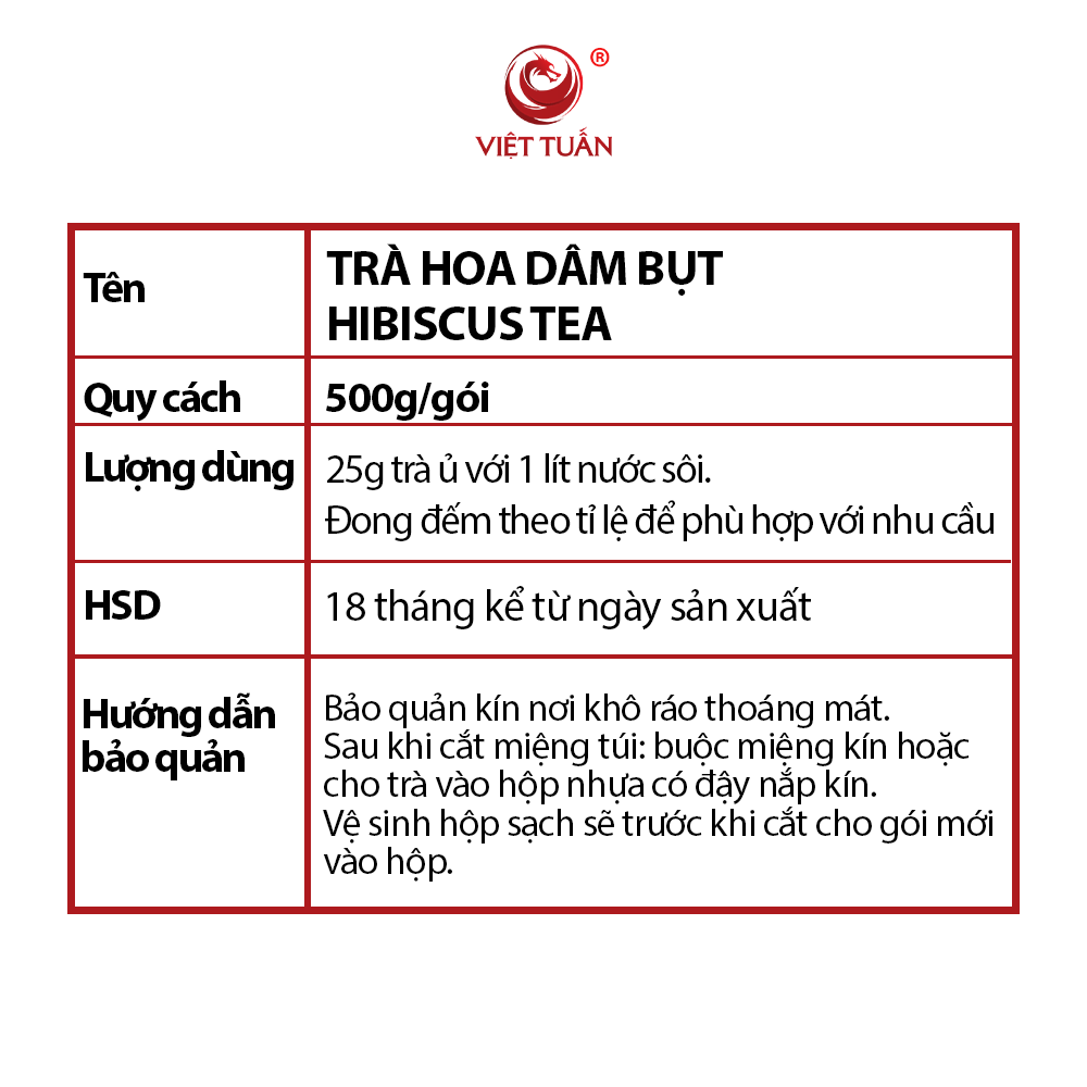 3 thông tin Trà Hoa Dâm Bụt- Hibiscus Tea Việt Tuấn 500g